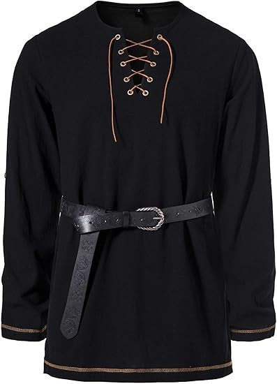 Men's Medieval Lace Up Tunic Shirt Renaissance Viking Pirate Costume Long Sleeve Retro Tops with Belt for Halloween Cosplay