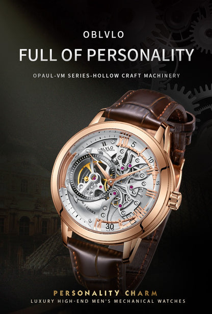 OBLVLO Luxury Retro Casual Men Skeleton Automatic Watches Mechanical Calfskin Strap Mineral Crystal Glass Waterproof Dial 45 VM