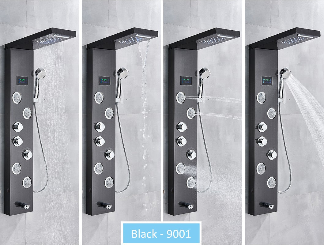 Sistema de Torre de Painel de Chuveiro de LED Coluna de Chuveiro de Cascata de Chuva com Tela LCD de Hidroeletricidade com Torneira de Chuveiro de Spa de Corpo com Massagem