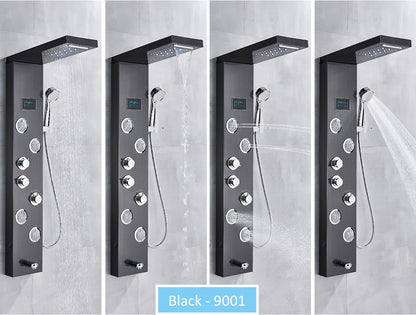 Sistema de Torre de Painel de Chuveiro de LED Coluna de Chuveiro de Cascata de Chuva com Tela LCD de Hidroeletricidade com Torneira de Chuveiro de Spa de Corpo com Massagem