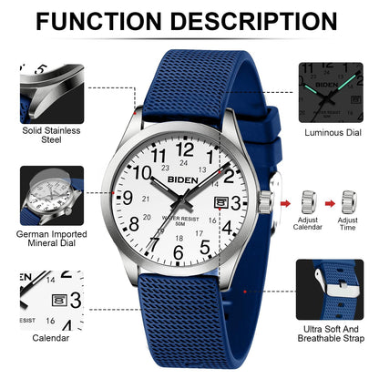 BIDEN Men's Watch Simulated Quartz Sports Men's and Women's Watch 30 Waterproof Second Hand Luminous Easy to Read Dial
