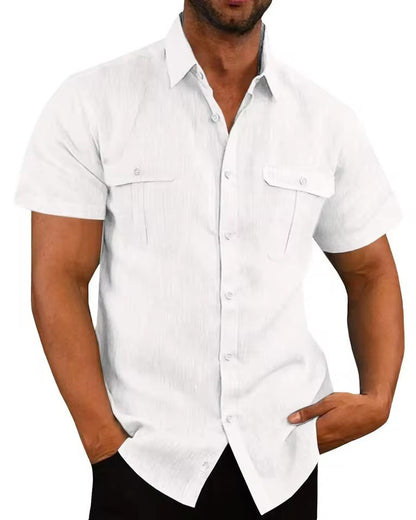 Cotton Linen Hot Sale Men's Short-Sleeved Shirts Summer Solid Color Turn-down collar Casual Beach Style Plus Size