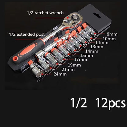 Conjunto de 12 peças de chaves de soquete e catraca, tamanhos 1/4, 3/8, 1/2, kit de ferramentas com haste de extensão e 10 conjuntos de reparos comuns