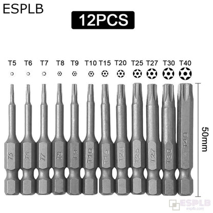 ESPLB 11pcs 100mm /12pcs 50mm 1/4" Hex Bits Driver Tamper Proof Security Drill Magnetic Bit Set Torx Screwdriver Flat Head