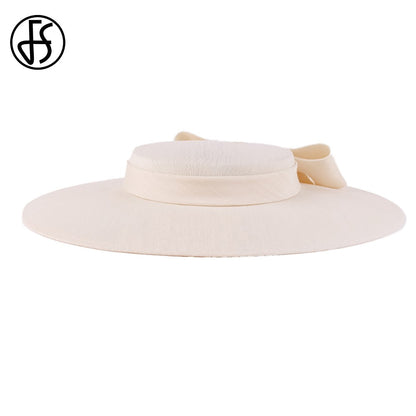 FS Elegante Chapéu de Aba Larga Marfim Feminino Grande Laço Ocasião Formal Kentucky Boné Feminino Casamento Coquetel Festa Fedora de Topo Reto 2024