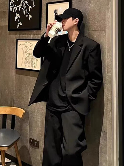 Menswear Classic Blazer Mens Casual Lightweight Jacket Autumn Korean Style Black Coat Fashion High Street Single-breasted Blazer