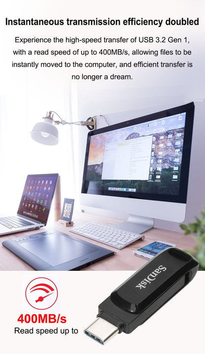 Pen Drive SanDisk 2 EM 1 Ultra Dual Drive GO USB 3.2 Tipo-C 64GB 128GB 256GB 512GB U Disk Velocidade de Até 400MB/s