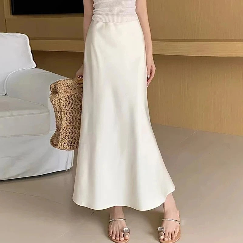 Women 2025 Satin Black Skirt Women High Waist Long Skirts for Women Summer White