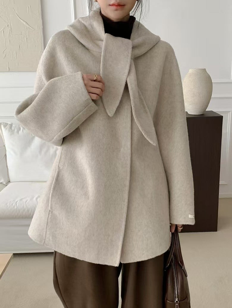 Korean Sle Woolen Coat Women's Chic Temperament Sweet Bow Tie Collar Hooded Warm Woolen Coat Long Sve Mid-Length
