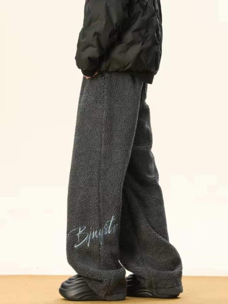 Women's Embroidered Flannel Sweatpants American Lamb Fleece Cotton Thickened Warm Couple Skiing Pants Autumn