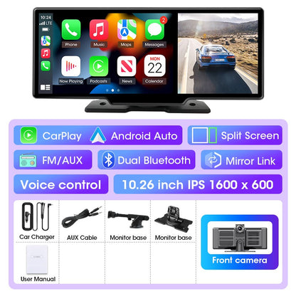 Câmera veicular 4K de 10/11,26 polegadas DVR automotivo sem fio Carplay e Android Auto Navegação GPS Gravador de vídeo Painel de controle Lente dupla Wi-Fi FM AUX