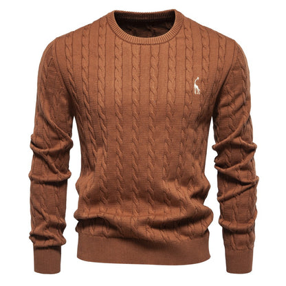 AIOPESON Mens Giraffe Embroidery Cotton Sweaters Round Neck Classic Twist Patterned Pullover Knitted Sweater for Men