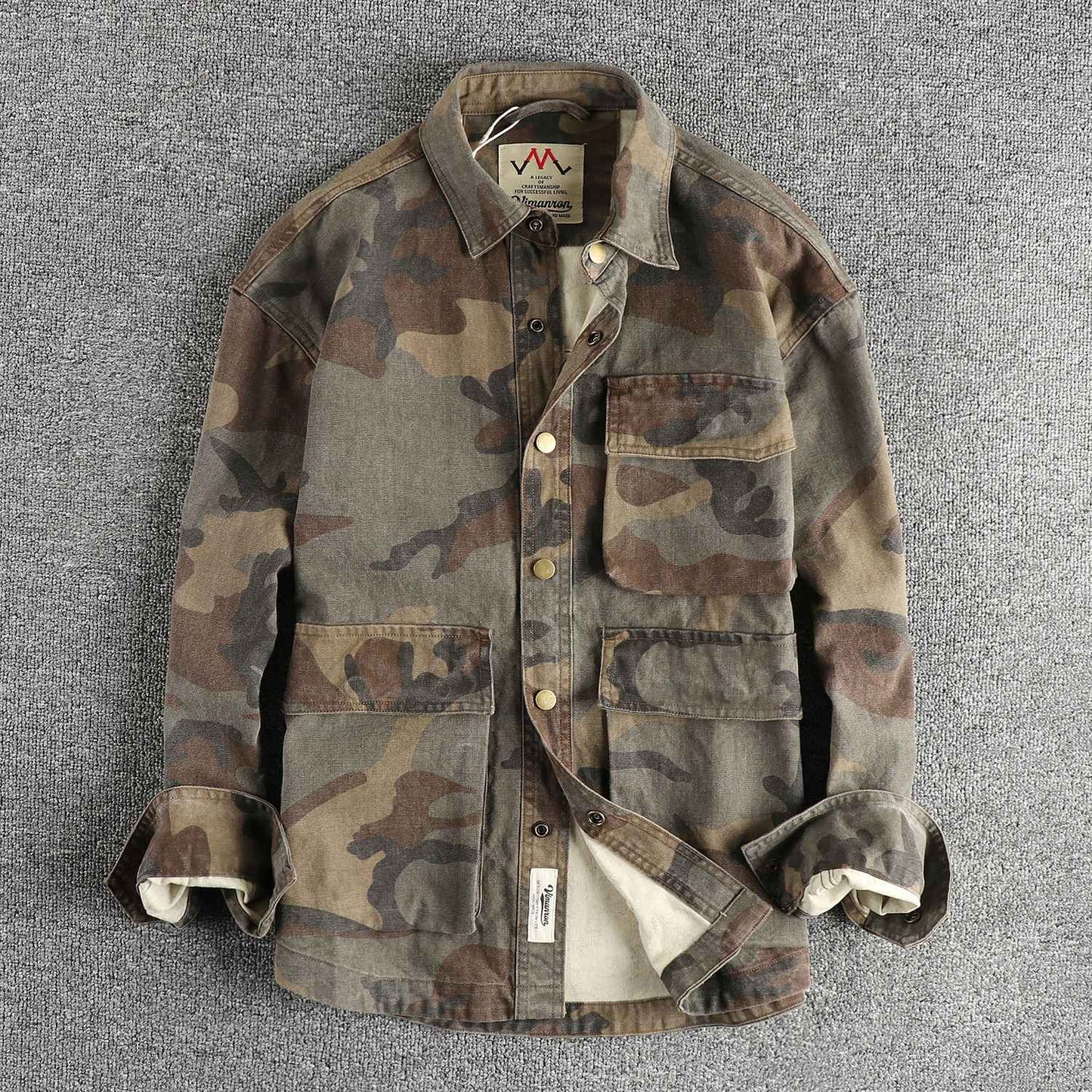 2024 Autumn New American Retro Woven Camouflage Cargo Shirt Men's Fashion 100% Cotton Washed Multi-pocket Casual Thin Jacket