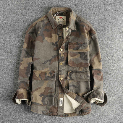 2024 Autumn New American Retro Woven Camouflage Cargo Shirt Men's Fashion 100% Cotton Washed Multi-pocket Casual Thin Jacket