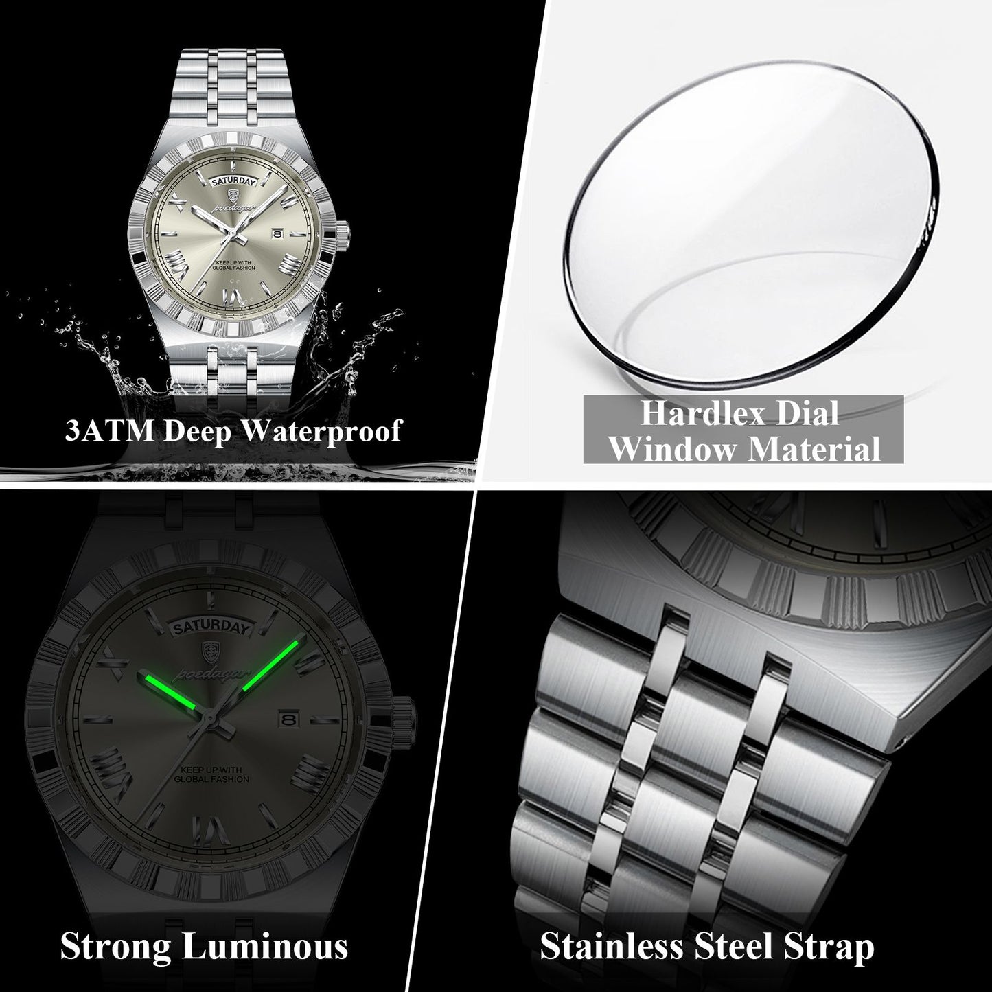 POEDAGAR Luxury Business Man Watch Week Date Waterproof Luminous Watches For Men Stainless Steel Quartz Fashion Men's Wristwatch