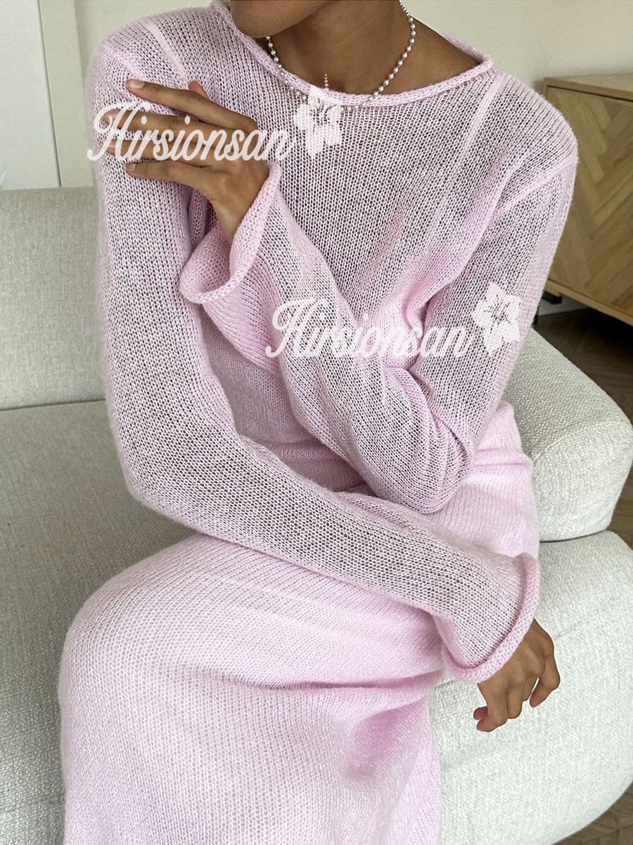Hirsionsan Spring Autumn O-Neck Elastic Knit Long Dresses Women 2024 Elegant Chi
