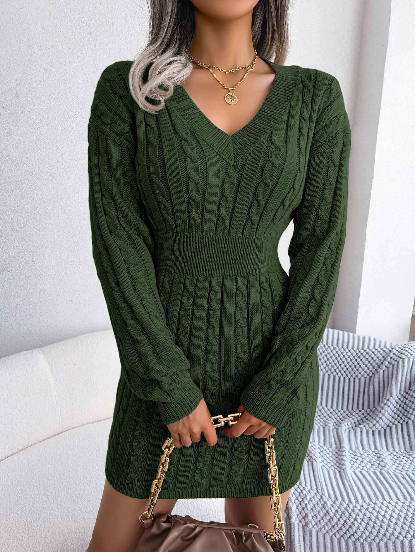 VigoCasey 2025 V Neck Casual Short Knit Dress Autumn Winter Women Solid Long Sleeve Dress Lady Khaki Bodycon Knitted Dresses