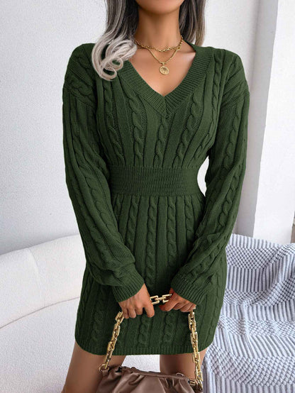 VigoCasey 2025 V Neck Casual Short Knit Dress Autumn Winter Women Solid Long Sleeve Dress Lady Khaki Bodycon Knitted Dresses