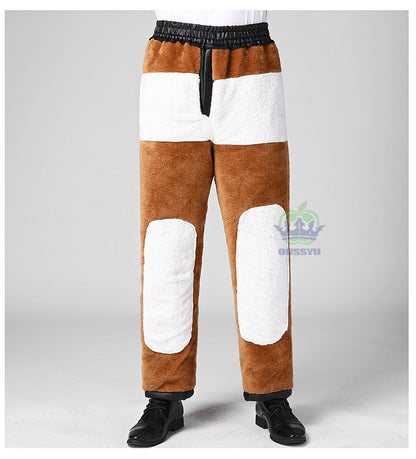 OUSSYU Brand High Quality Winter Outdoors Fleece Warm Pants Men Zippered Pocket Business Straight Flocking PU Trousers Plus Size
