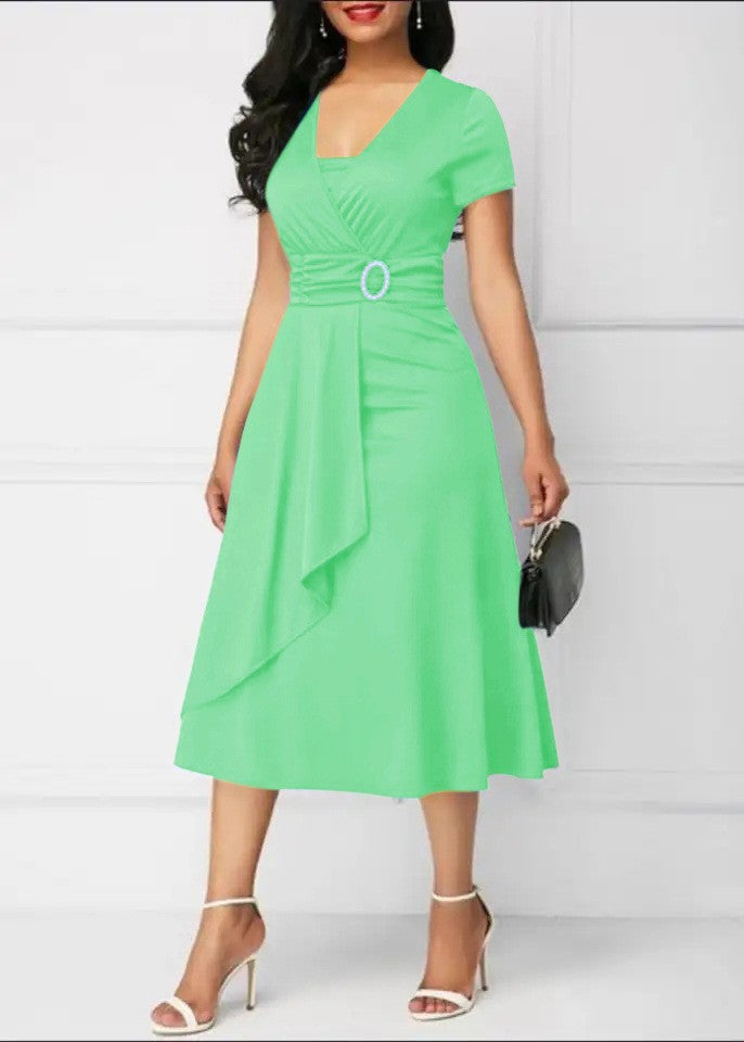 Summer Dresses Elegant Women Solid Color Short Sleeve V Neck Asymmetric Hem Wais