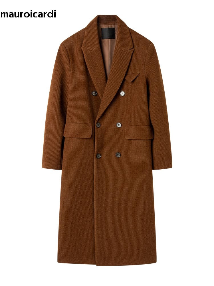 Mauroicardi Autumn Winter Long Warm Coffee Black Soft Woolen Coat Men Double Breasted Loose Casual Wool Blends Overcoat 2023