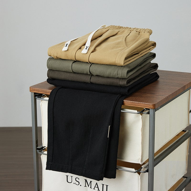 100% Cotton Men's Loose Wide Leg Pants Elastic Waist Fashion ArmyGreen Khaki Korean Streetwear Autumn Straight Trousers