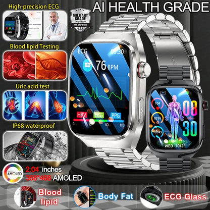 2025 Novo Smartwatch Tela AMOLED de 2.04 polegadas Chamada Bluetooth IP68 À Prova D'água 650mA Smartwatches Esportivos Masculinos Android Grau Militar