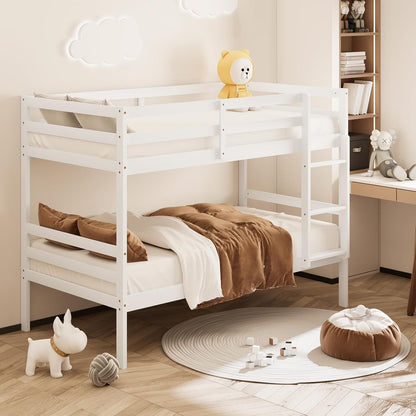 Beliche de Madeira Maciça Branca Twin Over Twin com Escada Resistente e Grades de Proteção de 12 Polegadas, Cama de Madeira Tamanho Twin F