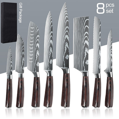 MDHAND 1-10PCS Chef knife Japanese Kitchen Knives Set Professional Laser Damascus Pattern Stainless Steel Cleaver Slicer Knife