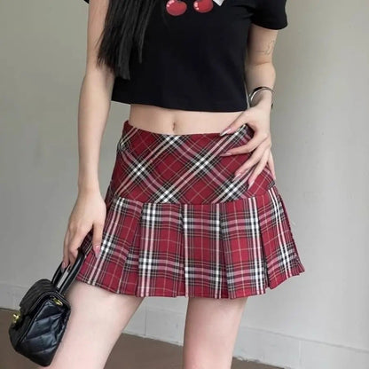 American Retro Spicy Girl Plaid Half Skirt Women Summer New Embroidery Patchwork Fashion High Waist Pleated Short Skirt