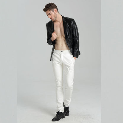 Men's Slim Fit Leather Pants Motorcycle Trendy Sle Long Trousers Thiened PU Fabric Summer Season Faionable Biker Pants