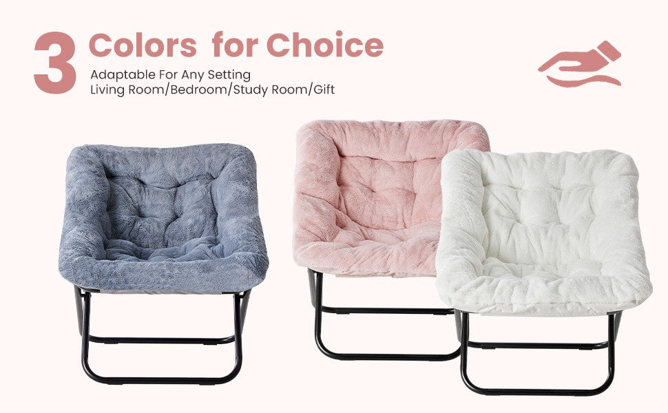 JHK 28IN Cozy Saucer Chairs Soft Faux Fur Large Size Folding Lounge Living Room Padded Seat Metal Frame Reading Chair Furniture
