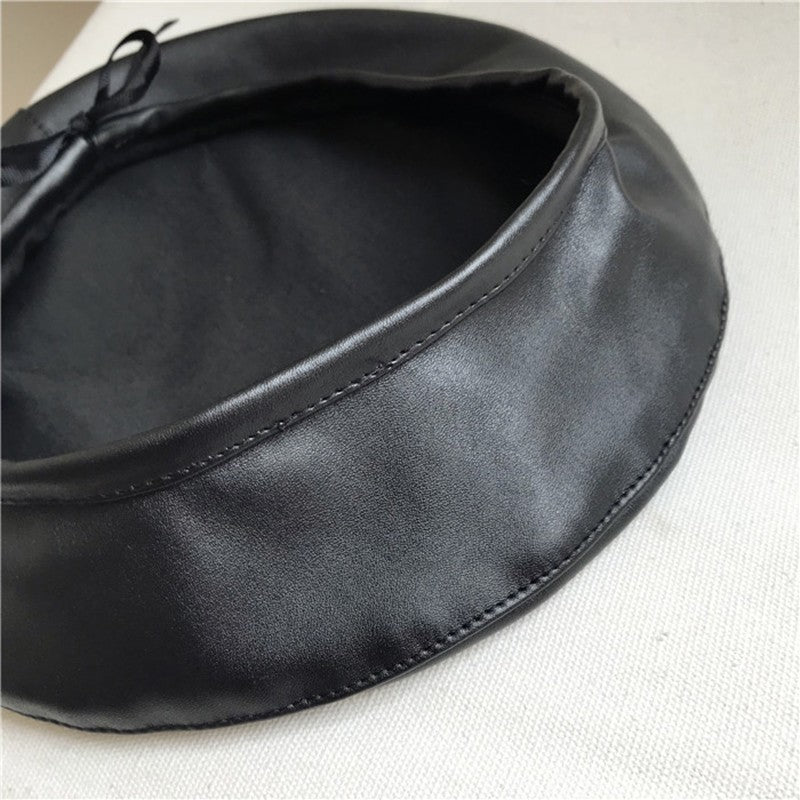 Women Girl Beret Hat French Retro Artist Beanie Hat Elegant Solid Color PU Leather Lady Painter Cap Spring Autumn Lady Berets