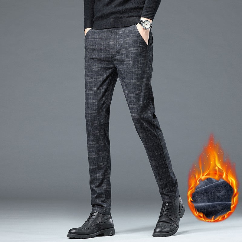Autumn Winter New Fleece Thickened Casual Pants Men Business Straight Slim Plaid Pants Black Gray Men's Warm Trousers
