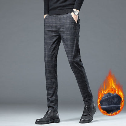 Autumn Winter New Fleece Thickened Casual Pants Men Business Straight Slim Plaid Pants Black Gray Men's Warm Trousers