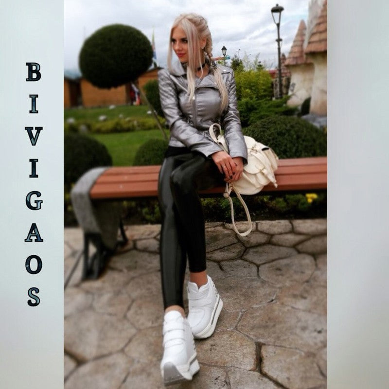 BIVIGAOS Fashion Women PU Leather Pants Elastic High Waist Winter Leggings Slim Velvet Leather Leggings Skinny Fleece Trousers