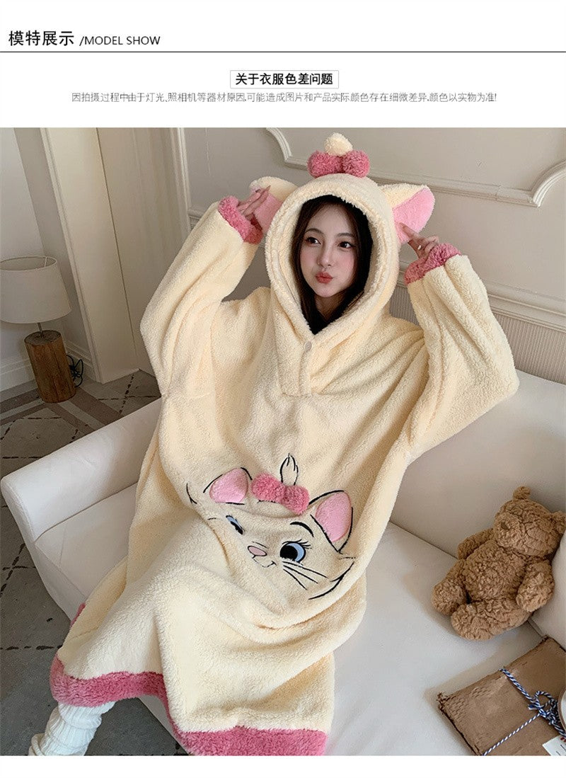 Camisola de Gatinha Marie da Disney Kawaii Desenho Animado Feminino Inverno Veludo Coral Longo Veludo Grosso Solto com Capuz Robe de Banho