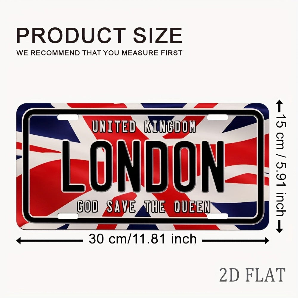 British Union Jack & God Save The Queen Metal Wall Sign - 8"x3.5" Retro London License Plate Design, Classic Garage Home Office