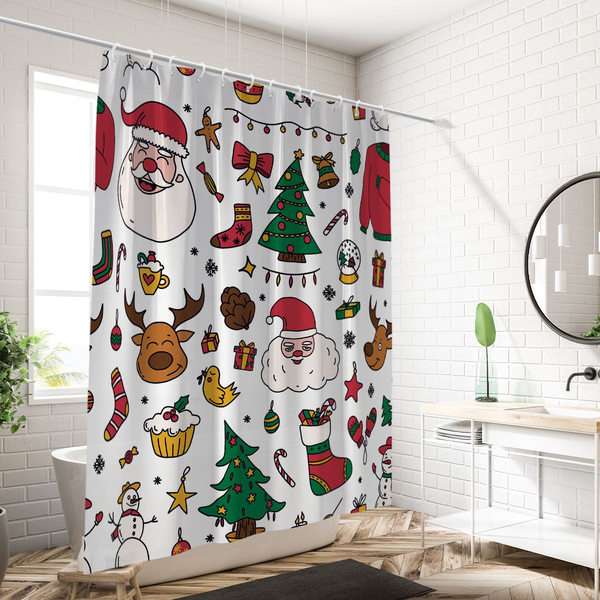 1 piece 180x180cm Christmas gingerbread man pattern printed shower curtain partition bathroom waterproof and mildew proof