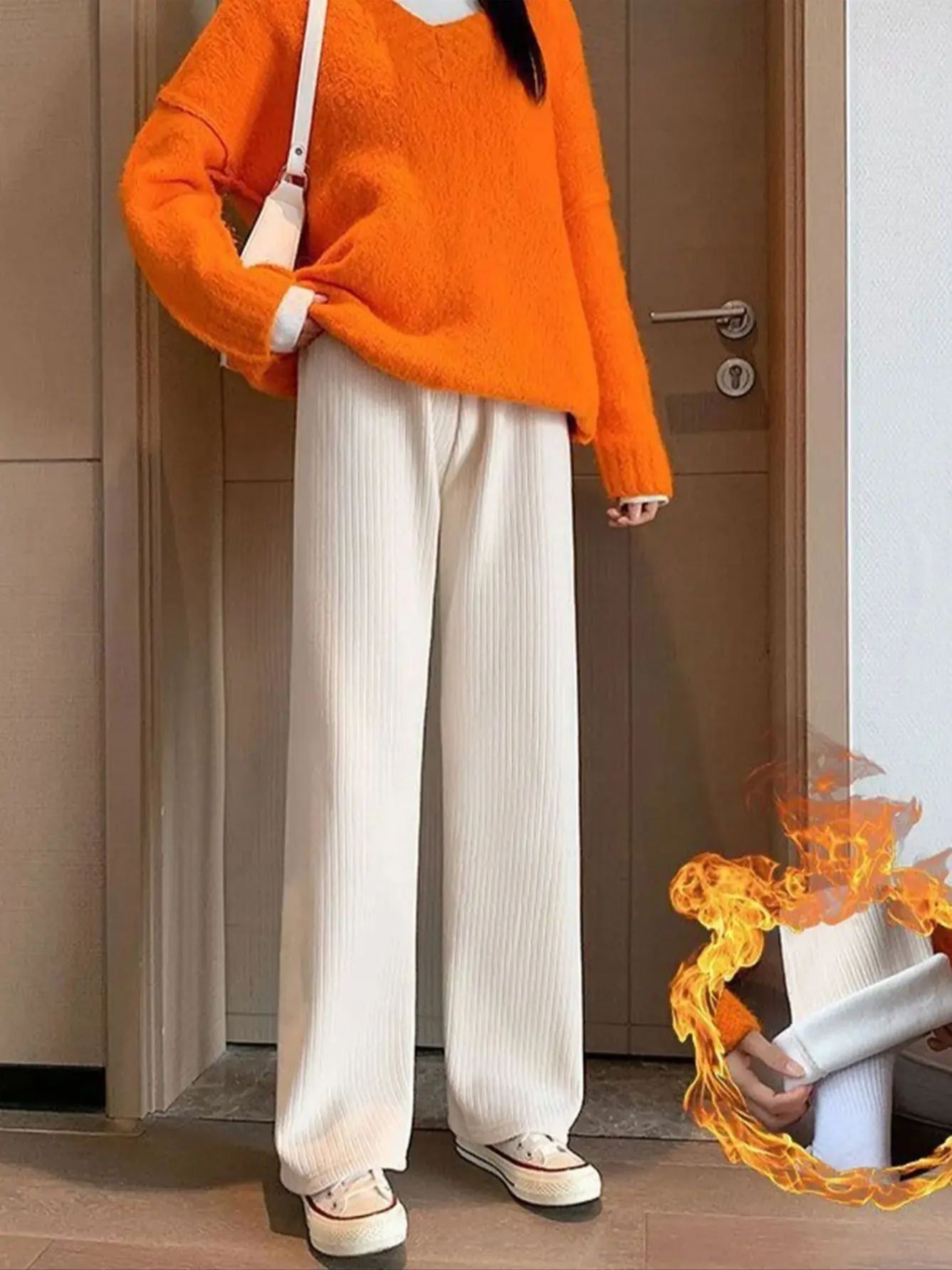Women's Fleece Wide Leg Pants Winter High Waist Long Pants Loose Casual
