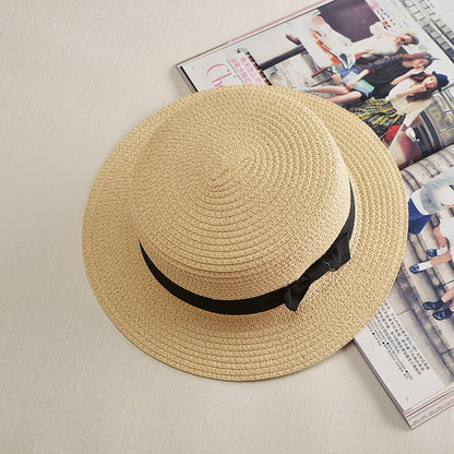 Chapéu Panamá COKK, Simples, de Verão, Praia, Feminino, Casual, Aba Reta, Chapéu de Palha com Laço para Meninas, Chapéu de Sol, Chapéu Feminino