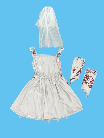 Kids Bloody Ghost Bride Costume, Girls Halloween Dress with Veil and Arm Sleeves