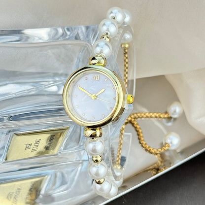 French Romantic Pearl Pull Cord Handheld Watch Elegant Small Fashion Bracelet Quartz Wristwatch Stylish Portable Timepiece