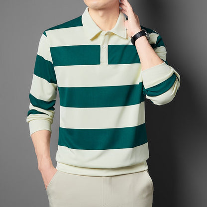 2025 Men's New Striped Long Sleeved Polo Shirt Casual Fashion Autumn Winter Versatile Top