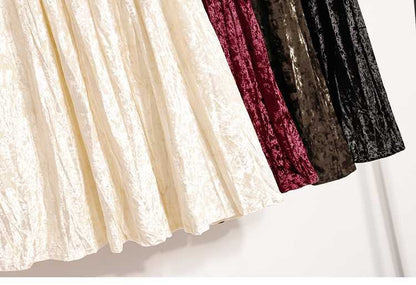 Plus Size Plus Size Women's Velvet Pleated A- Line Midi Skirt Autumn Winter Slimming Half-length Versatile Fashionable Commut...