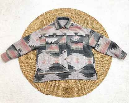 Vintage Jacket Women Splicing Loose Jacket Denim Print Aztec Retro Ethnic Style Long Sleeved Shirt Streetwear Female Goth Coat