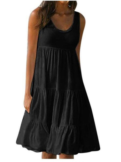 Plus Size Women Causual O Neck Sleeveless Ruffles Mini Dress Boho Solid Beach Sundress Oversized Loose Dress 2025 Summer