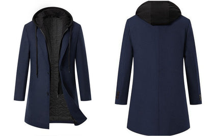 Men's Thickened Fake Two-Piece Wool Blend Overcoat, Hooded Long Coat Man, Autumn Winter Solid Color Slim Windbreaker Men