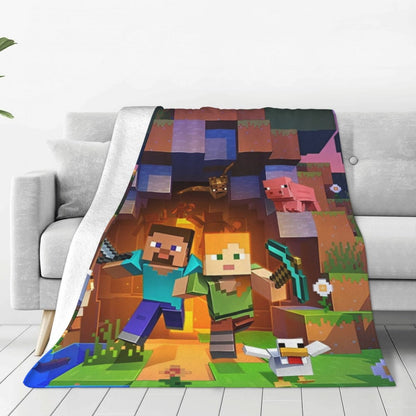 Cartoon Mines Pixel Game Crafts Flannel Blanket Super Warm Throw Blanket for Home Decor Decorative Street Trend Bedspread