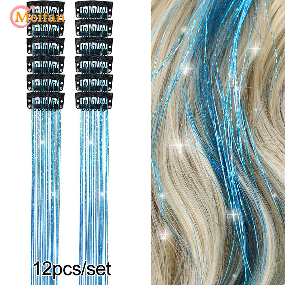 12 peças/conjunto de enfeites de cabelo com presilha, extensões de cabelo sintéticas brilhantes cintilantes, acessórios de cabelo para festa com efeito fada